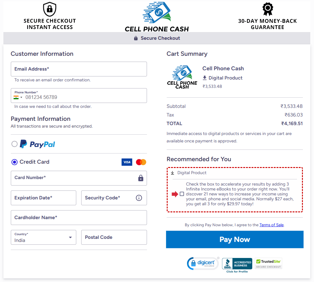 Cell Phone Cash CheckOut Page